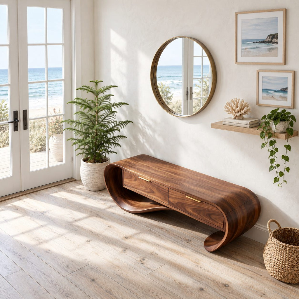 Ribbon Curve Storage Bench with Two Drawers, Sculpted Solid Wood Entryway Bench and Foyer Organizer