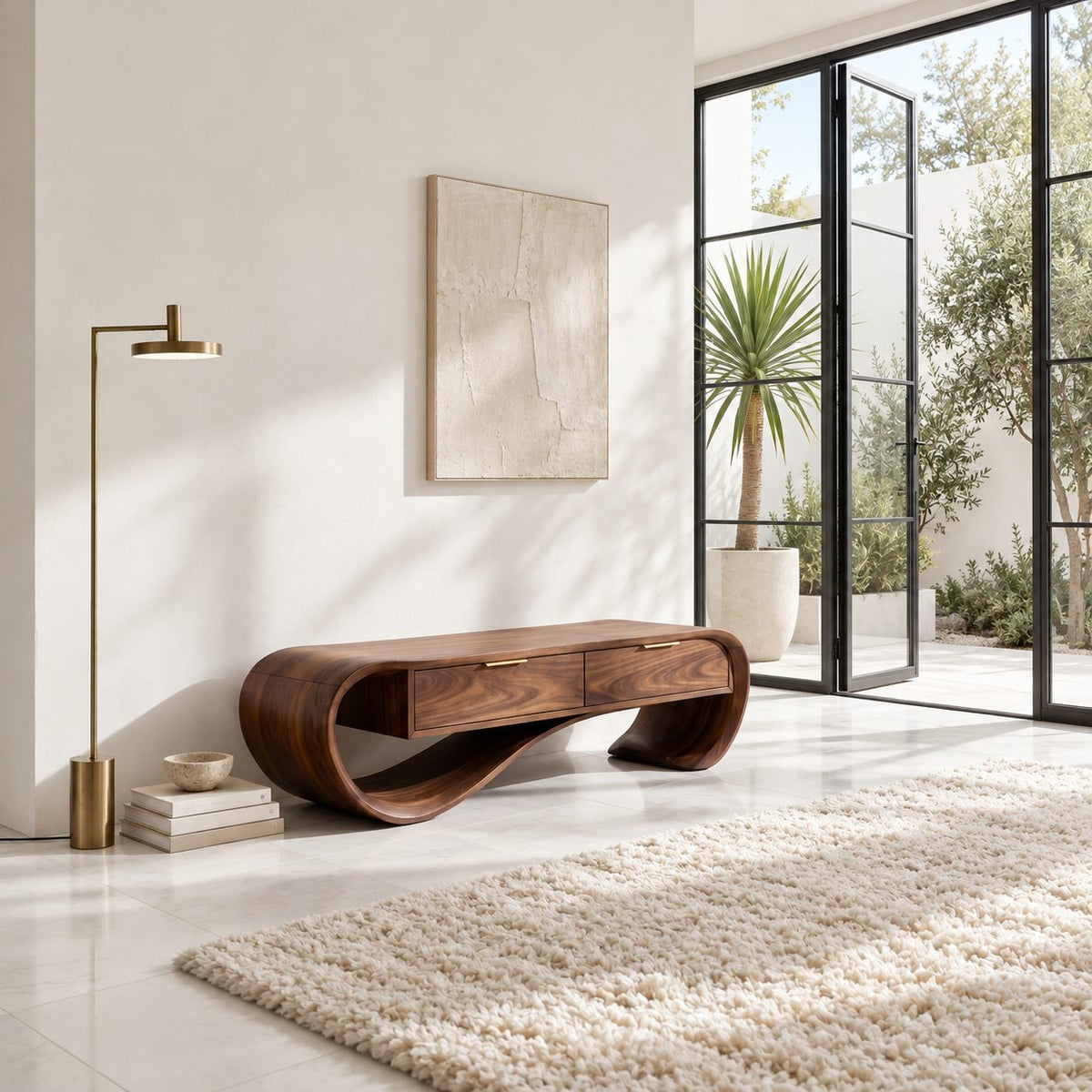 Ribbon Curve Storage Bench with Two Drawers, Sculpted Solid Wood Entryway Bench and Foyer Organizer