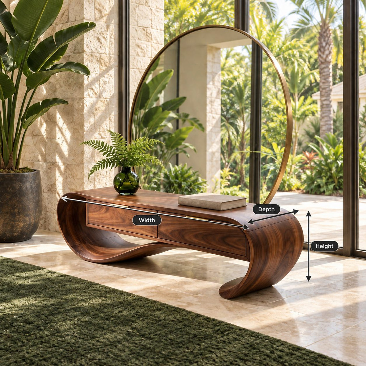 Ribbon Curve Storage Bench with Two Drawers, Sculpted Solid Wood Entryway Bench and Foyer Organizer
