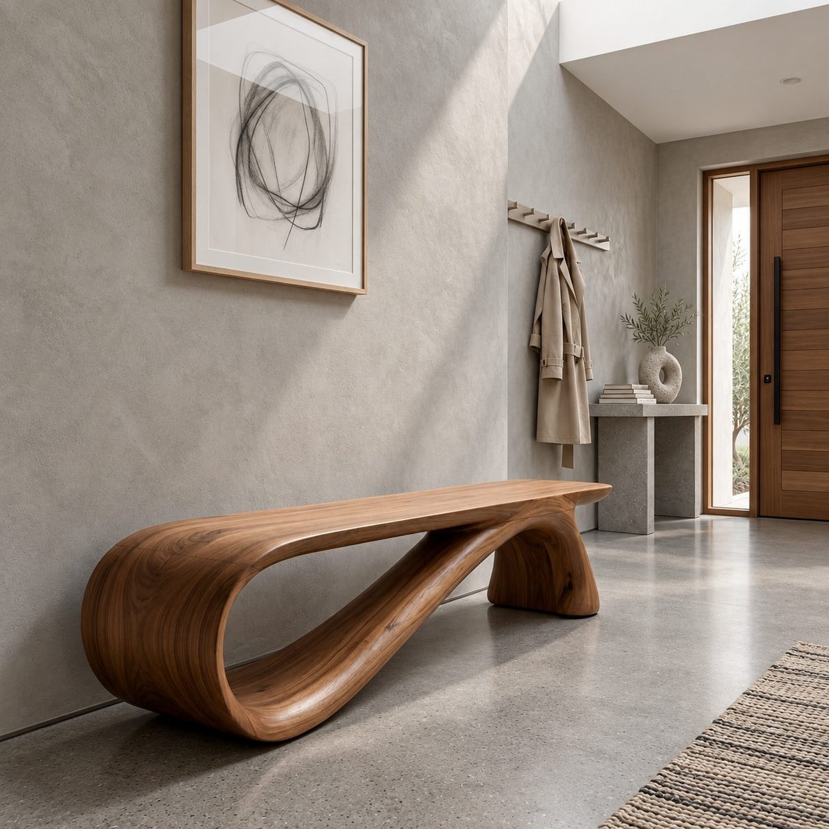Infinity Loop Bench, Sculptural Solid Wood Ribbon Bench for End of Bed, Entryway or Hallway