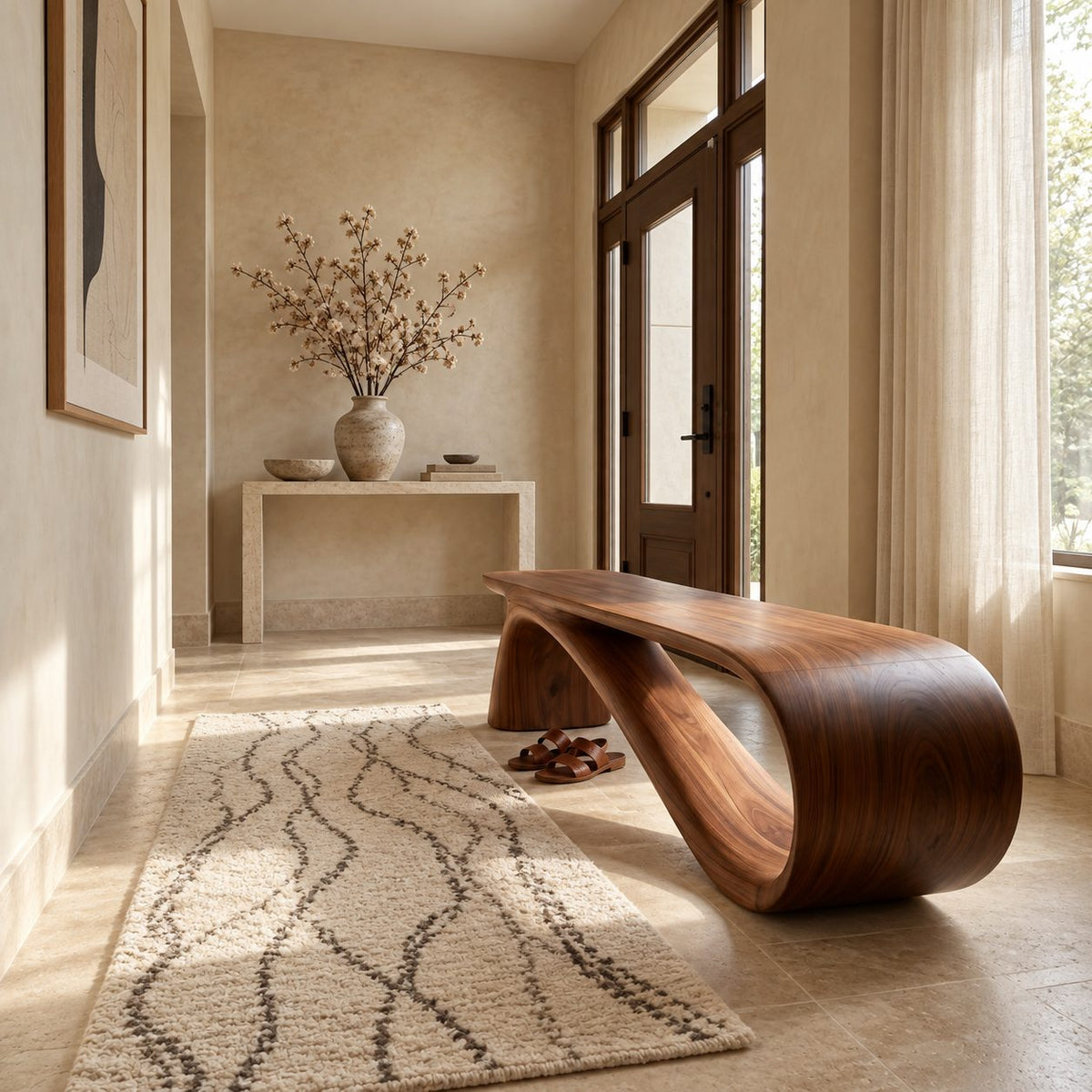 Infinity Loop Bench, Sculptural Solid Wood Ribbon Bench for End of Bed, Entryway or Hallway