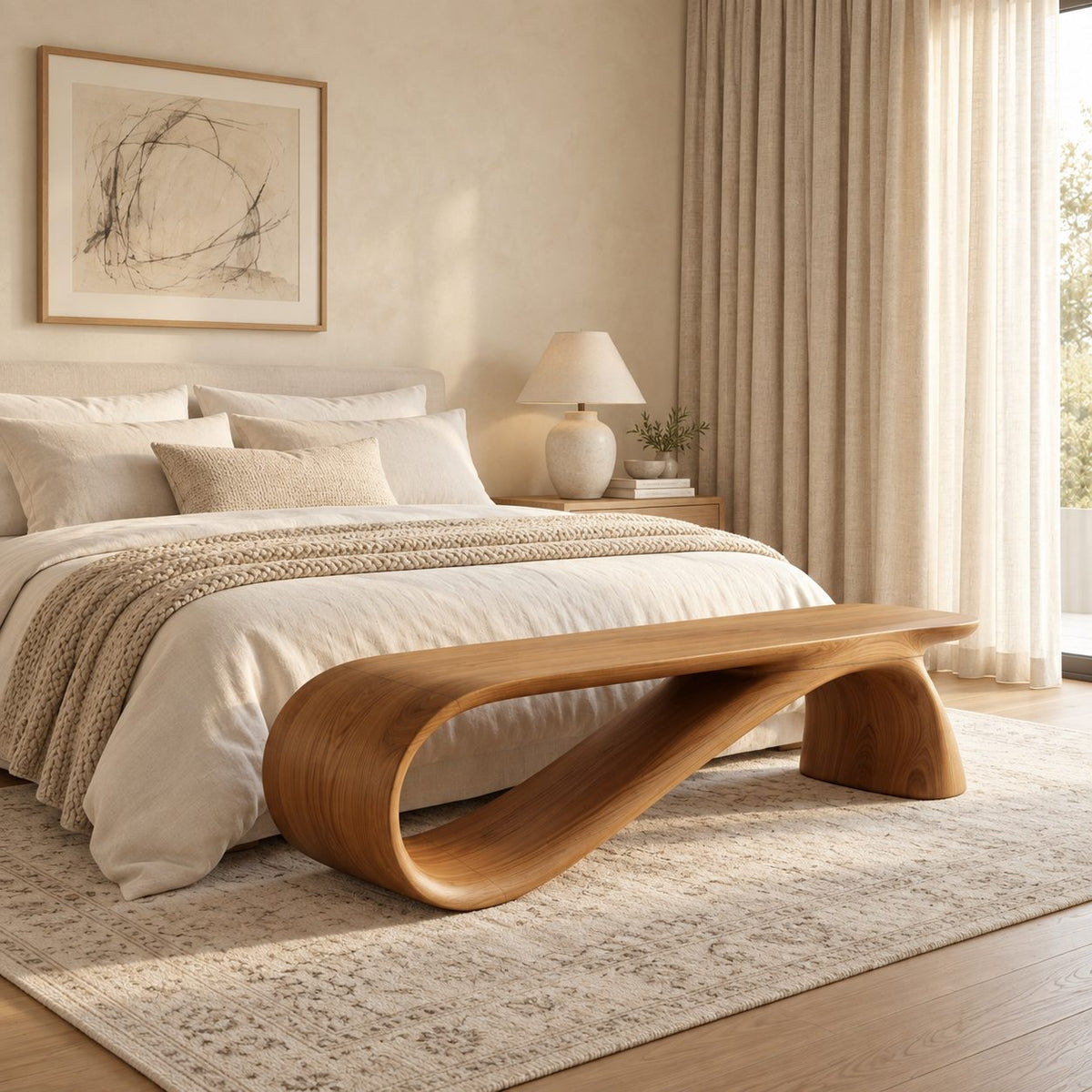 Infinity Loop Bench, Sculptural Solid Wood Ribbon Bench for End of Bed, Entryway or Hallway