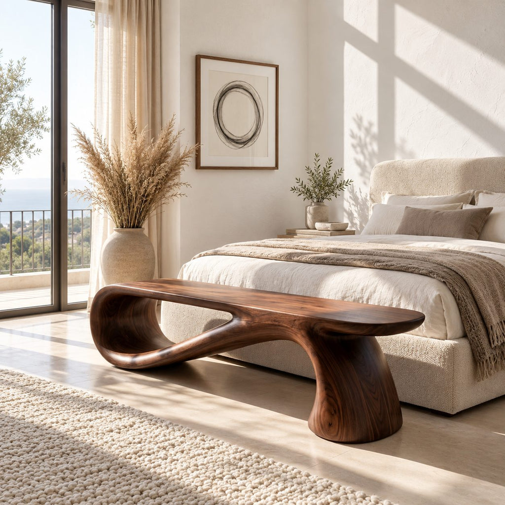 Infinity Loop Bench, Sculptural Solid Wood Ribbon Bench for End of Bed, Entryway or Hallway