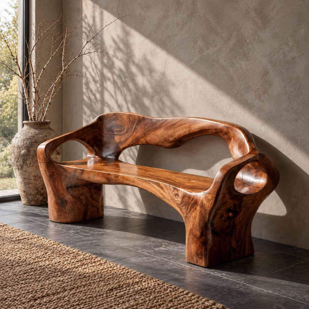 Organic Sculpted Bench with Backrest and Arms, Hand Carved Solid Wood Settee for Hallway or Foyer