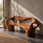 Organic Sculpted Bench with Backrest and Arms, Hand Carved Solid Wood Settee for Hallway or Foyer