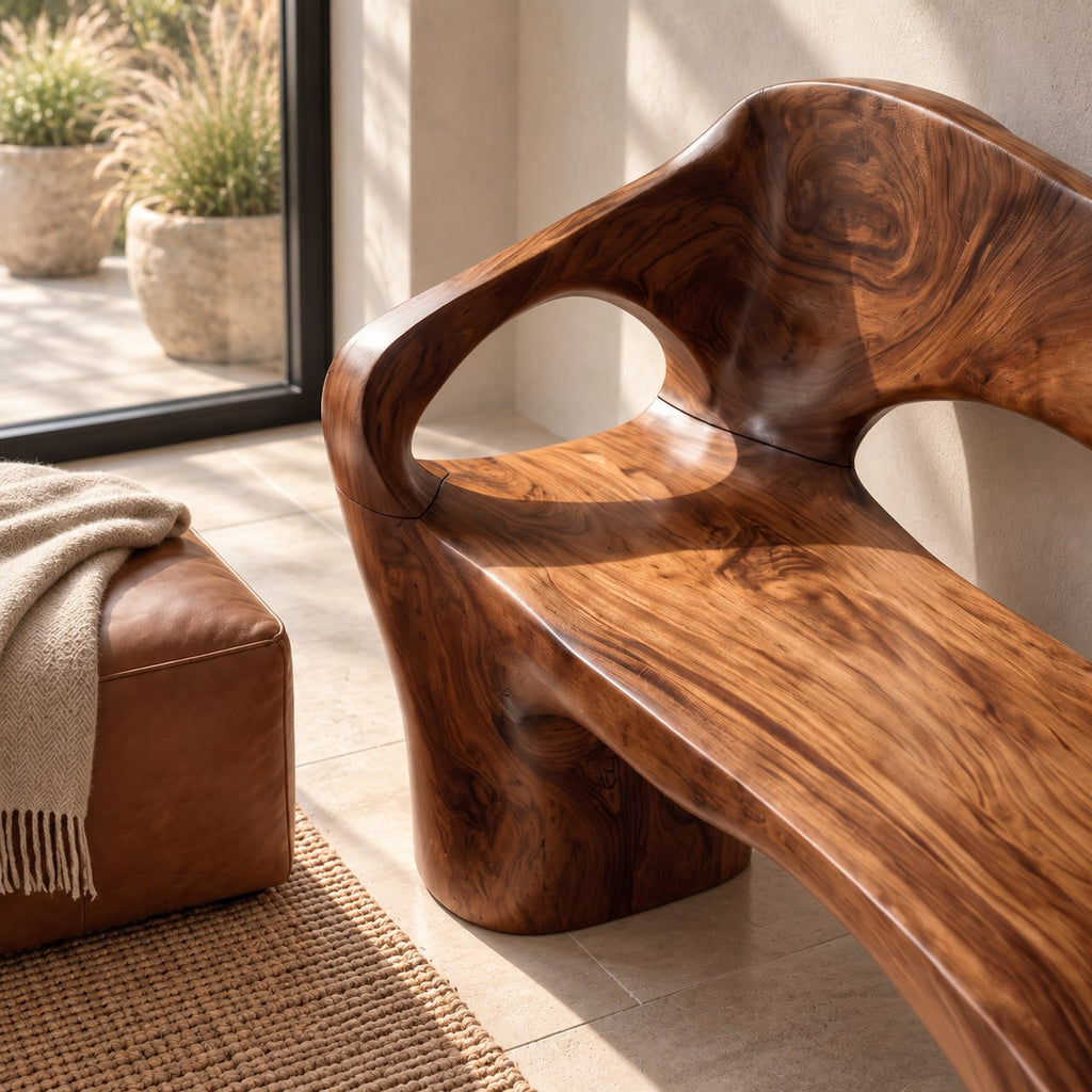 Organic Sculpted Bench with Backrest and Arms, Hand Carved Solid Wood Settee for Hallway or Foyer