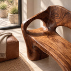Organic Sculpted Bench with Backrest and Arms, Hand Carved Solid Wood Settee for Hallway or Foyer