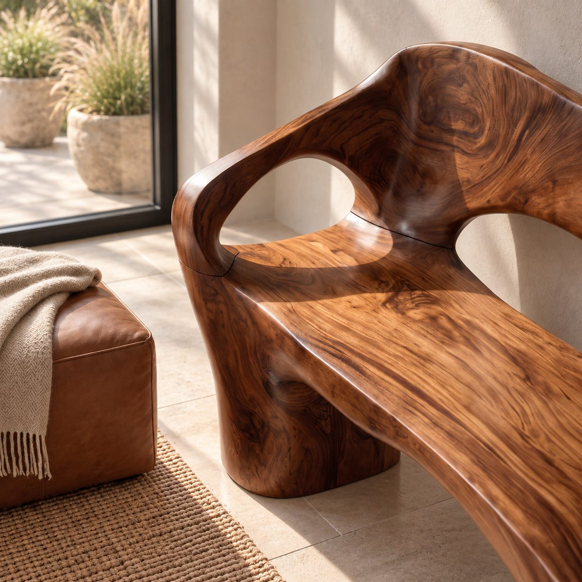 Organic Sculpted Bench with Backrest and Arms, Hand Carved Solid Wood Settee for Hallway or Foyer
