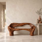 Organic Sculpted Bench with Backrest and Arms, Hand Carved Solid Wood Settee for Hallway or Foyer