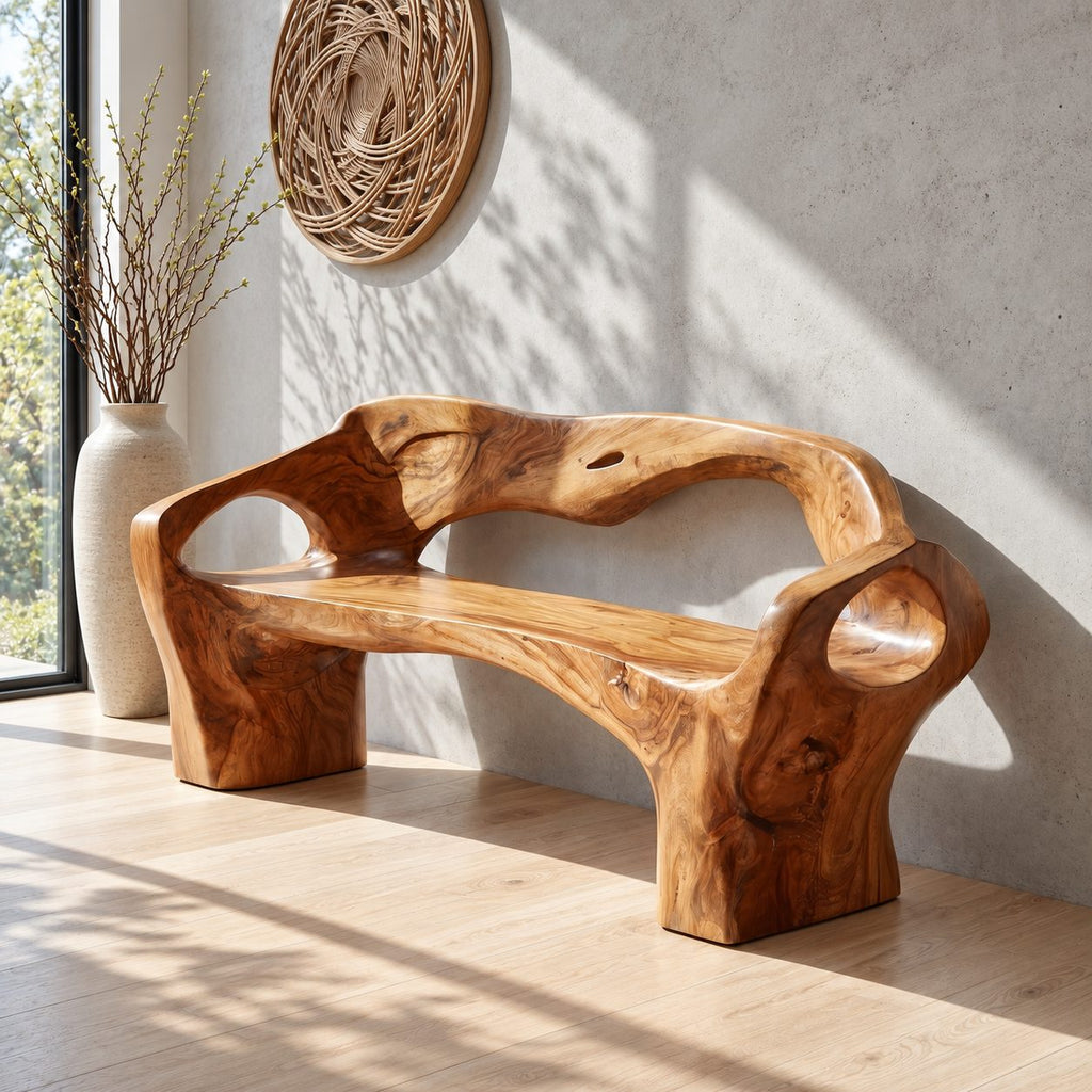 Organic Sculpted Bench with Backrest and Arms, Hand Carved Solid Wood Settee for Hallway or Foyer