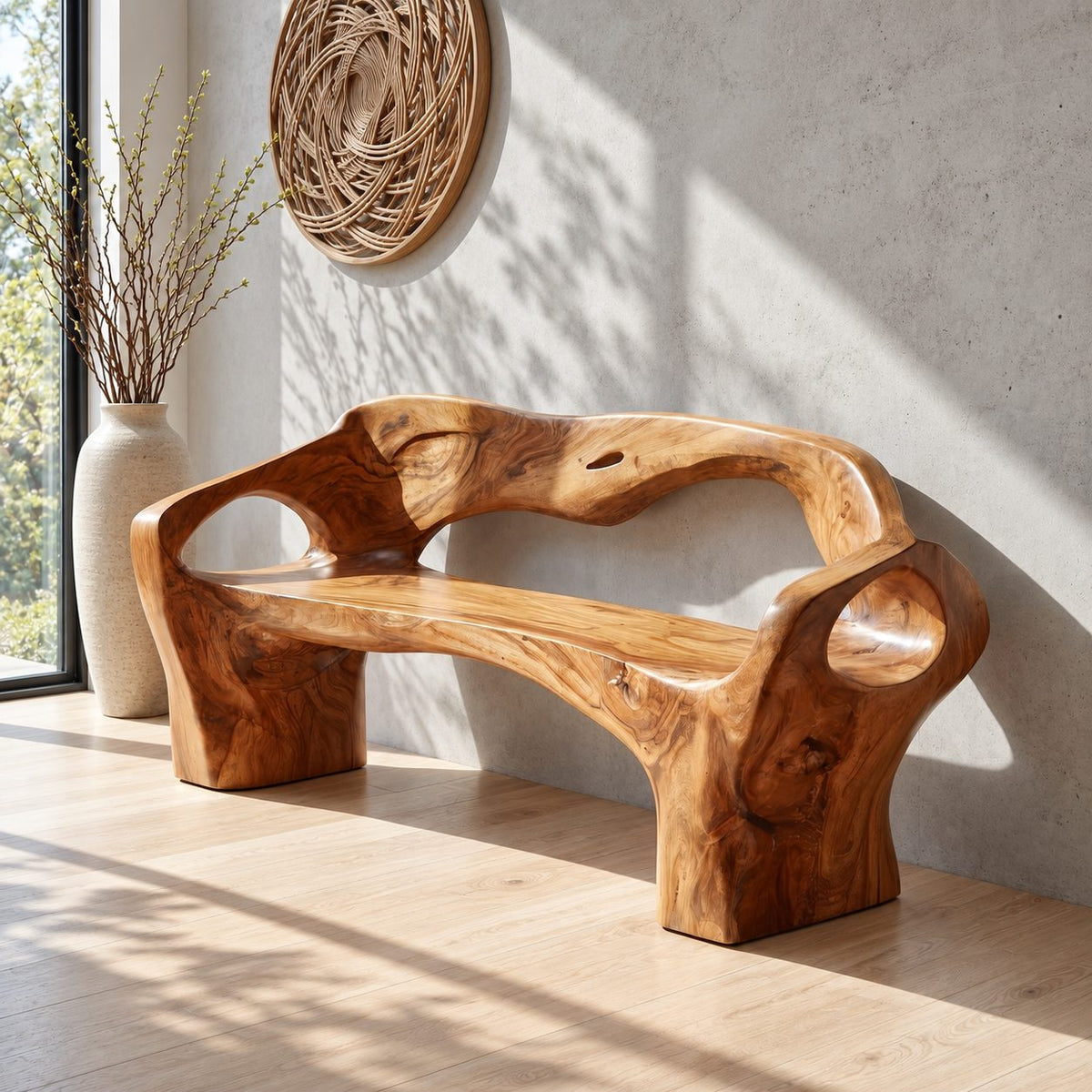 Organic Sculpted Bench with Backrest and Arms, Hand Carved Solid Wood Settee for Hallway or Foyer