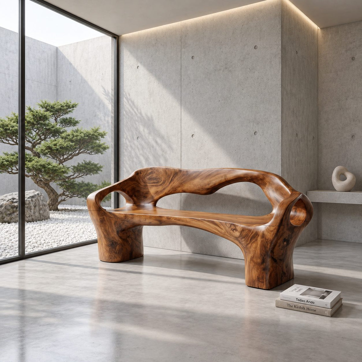 Organic Sculpted Bench with Backrest and Arms, Hand Carved Solid Wood Settee for Hallway or Foyer
