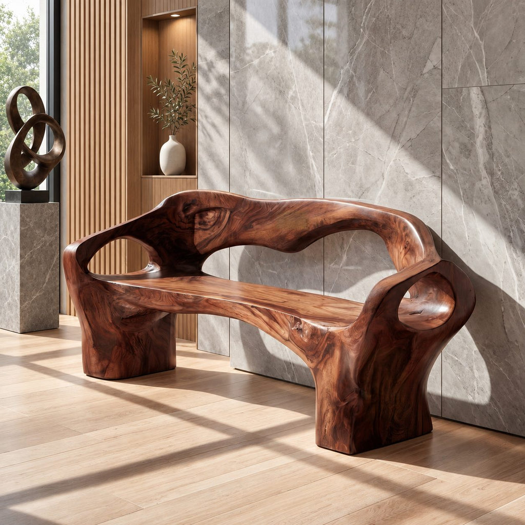 Organic Sculpted Bench with Backrest and Arms, Hand Carved Solid Wood Settee for Hallway or Foyer