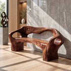 Organic Sculpted Bench with Backrest and Arms, Hand Carved Solid Wood Settee for Hallway or Foyer