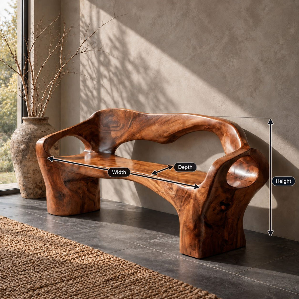 Organic Sculpted Bench with Backrest and Arms, Hand Carved Solid Wood Settee for Hallway or Foyer