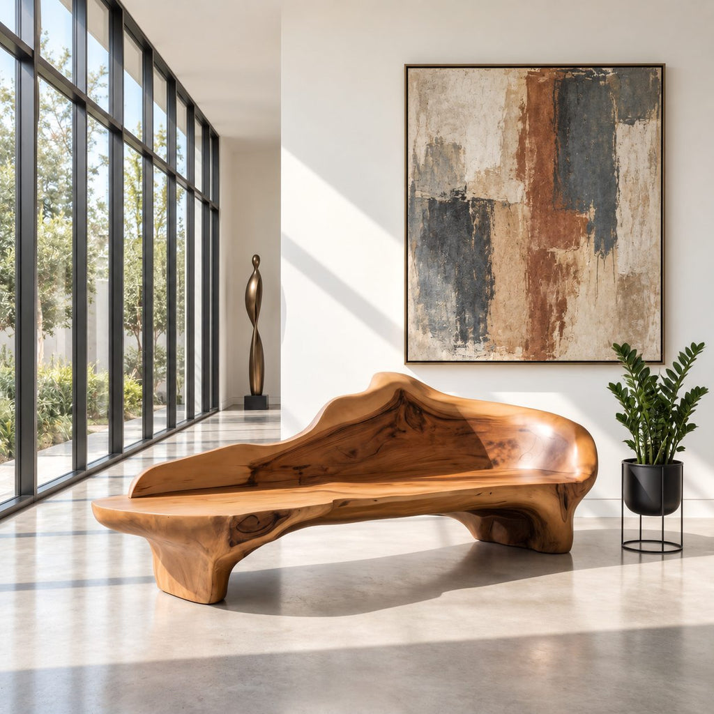 Flowing Wave Back Sculptural Bench, Organic Solid Wood Low Bench for Living Room, Entryway or Bedroom