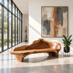 Flowing Wave Back Sculptural Bench, Organic Solid Wood Low Bench for Living Room, Entryway or Bedroom