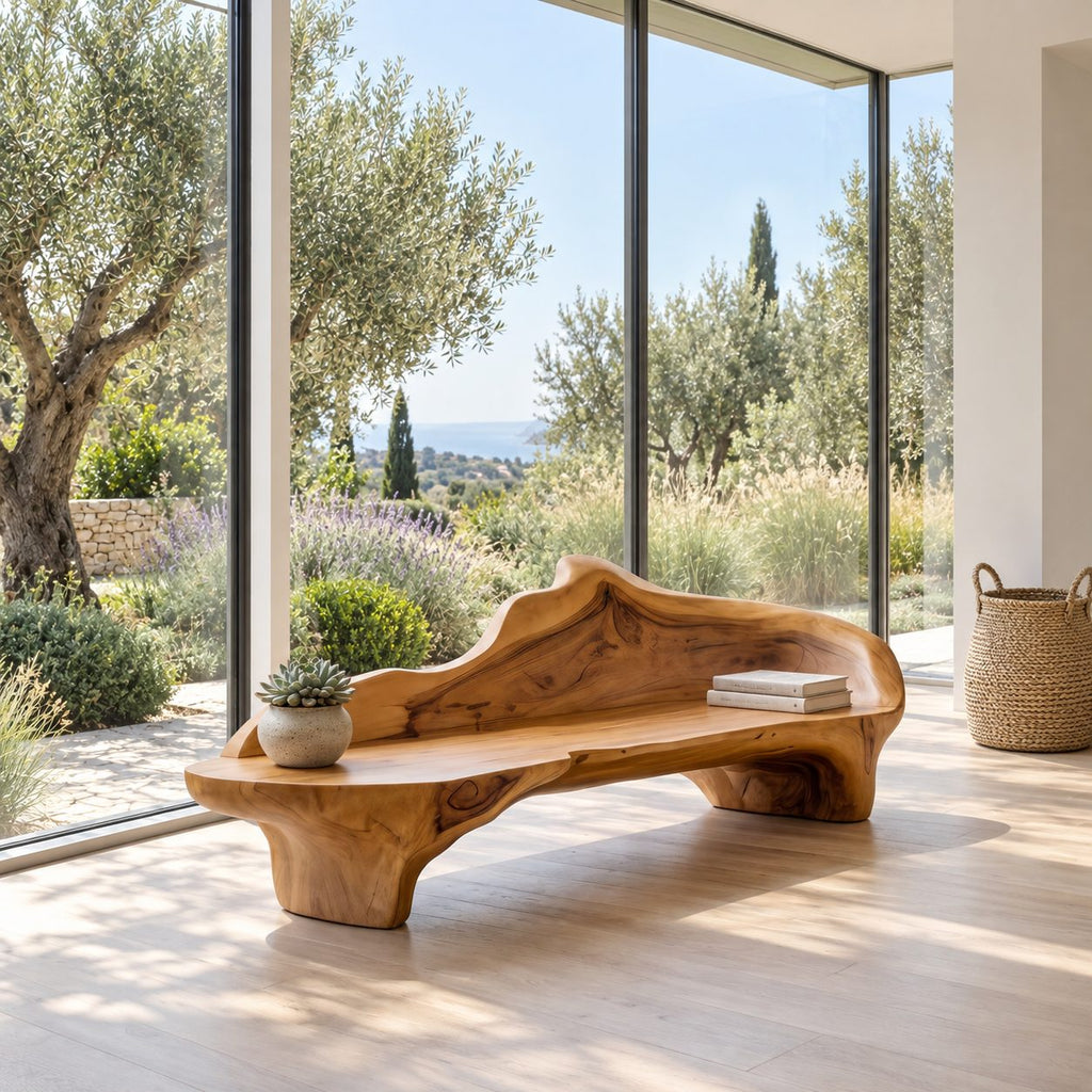 Flowing Wave Back Sculptural Bench, Organic Solid Wood Low Bench for Living Room, Entryway or Bedroom