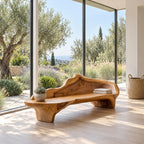 Flowing Wave Back Sculptural Bench, Organic Solid Wood Low Bench for Living Room, Entryway or Bedroom