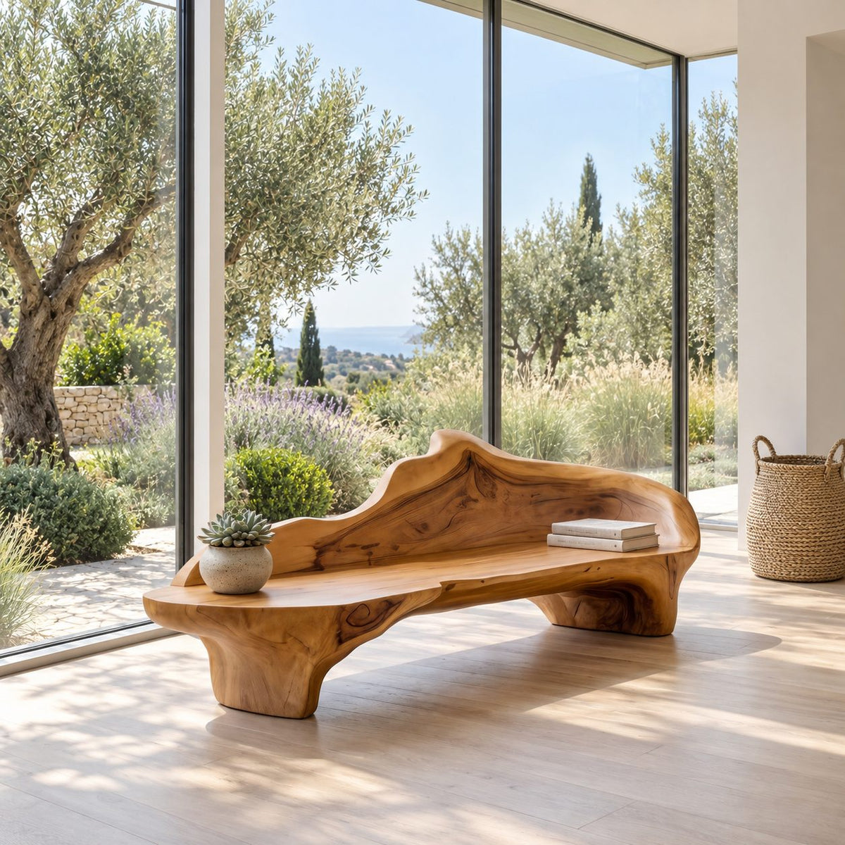 Flowing Wave Back Sculptural Bench, Organic Solid Wood Low Bench for Living Room, Entryway or Bedroom