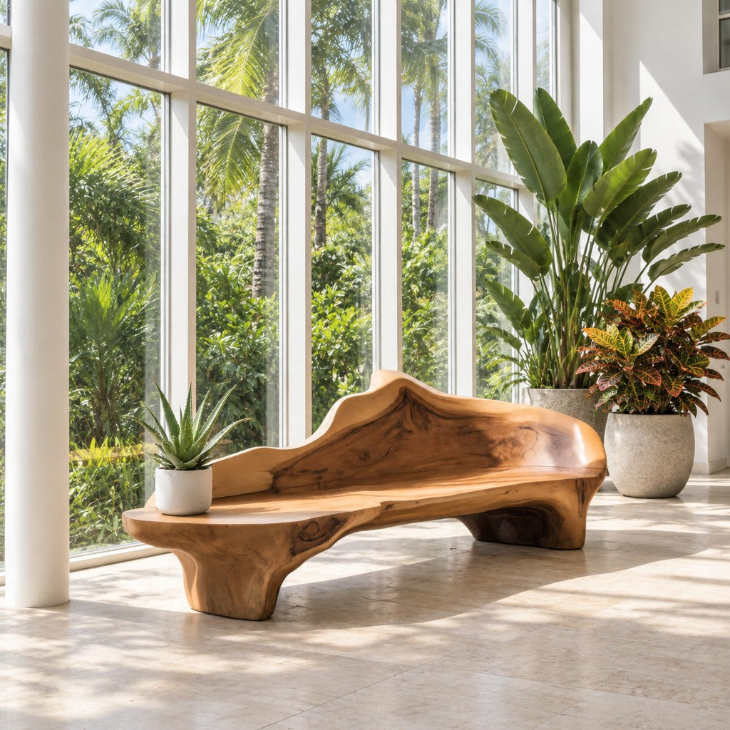 Flowing Wave Back Sculptural Bench, Organic Solid Wood Low Bench for Living Room, Entryway or Bedroom