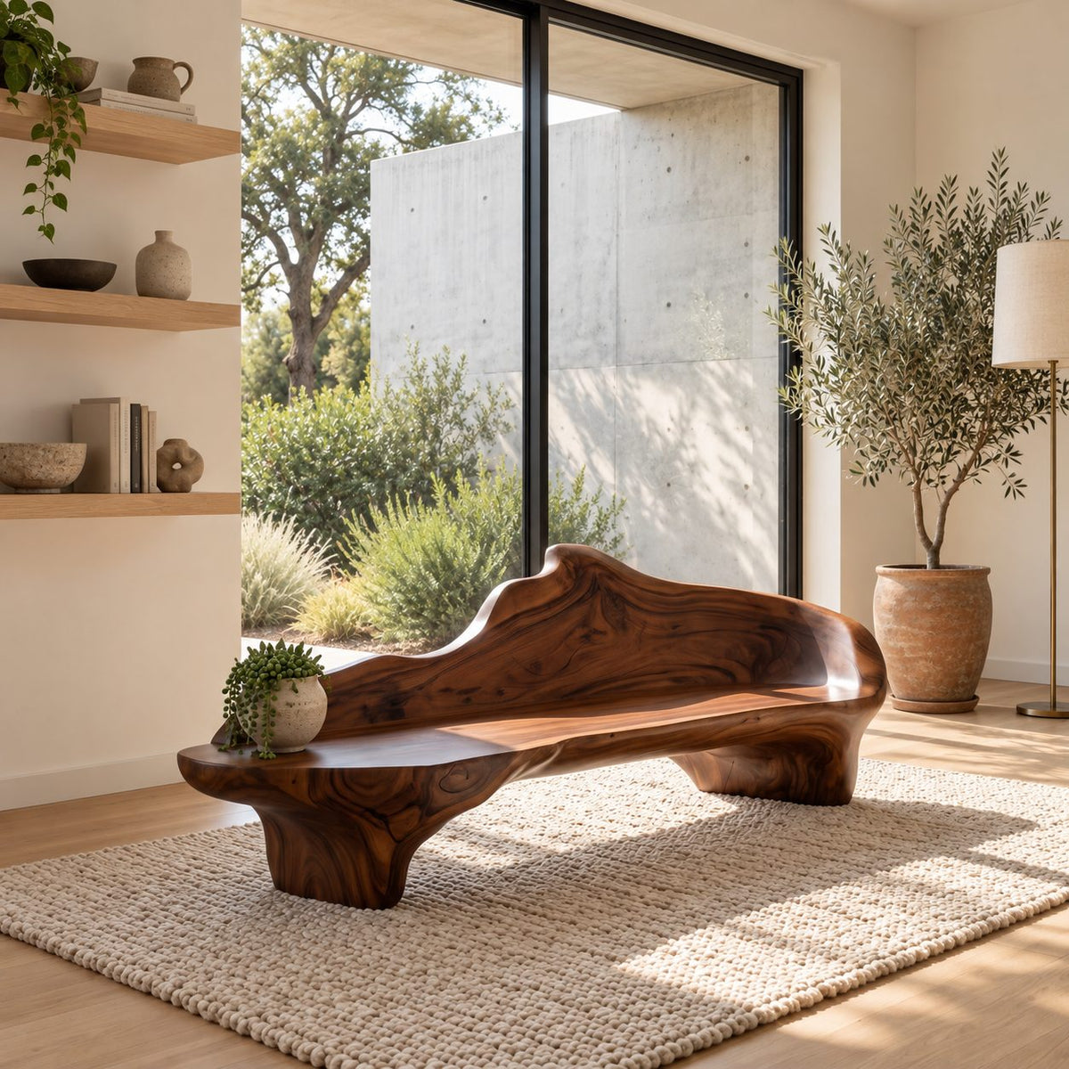 Flowing Wave Back Sculptural Bench, Organic Solid Wood Low Bench for Living Room, Entryway or Bedroom