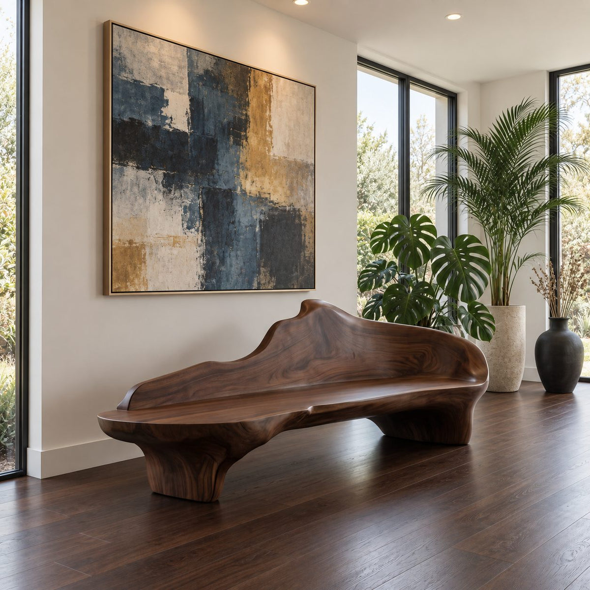 Flowing Wave Back Sculptural Bench, Organic Solid Wood Low Bench for Living Room, Entryway or Bedroom