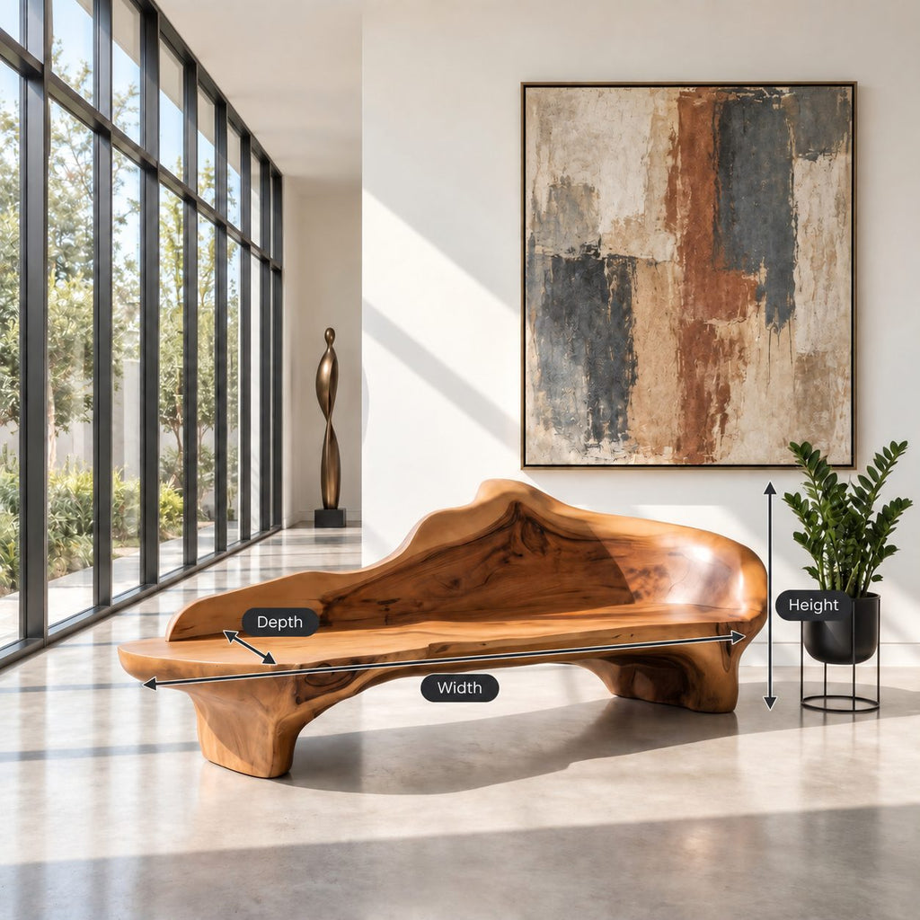 Flowing Wave Back Sculptural Bench, Organic Solid Wood Low Bench for Living Room, Entryway or Bedroom