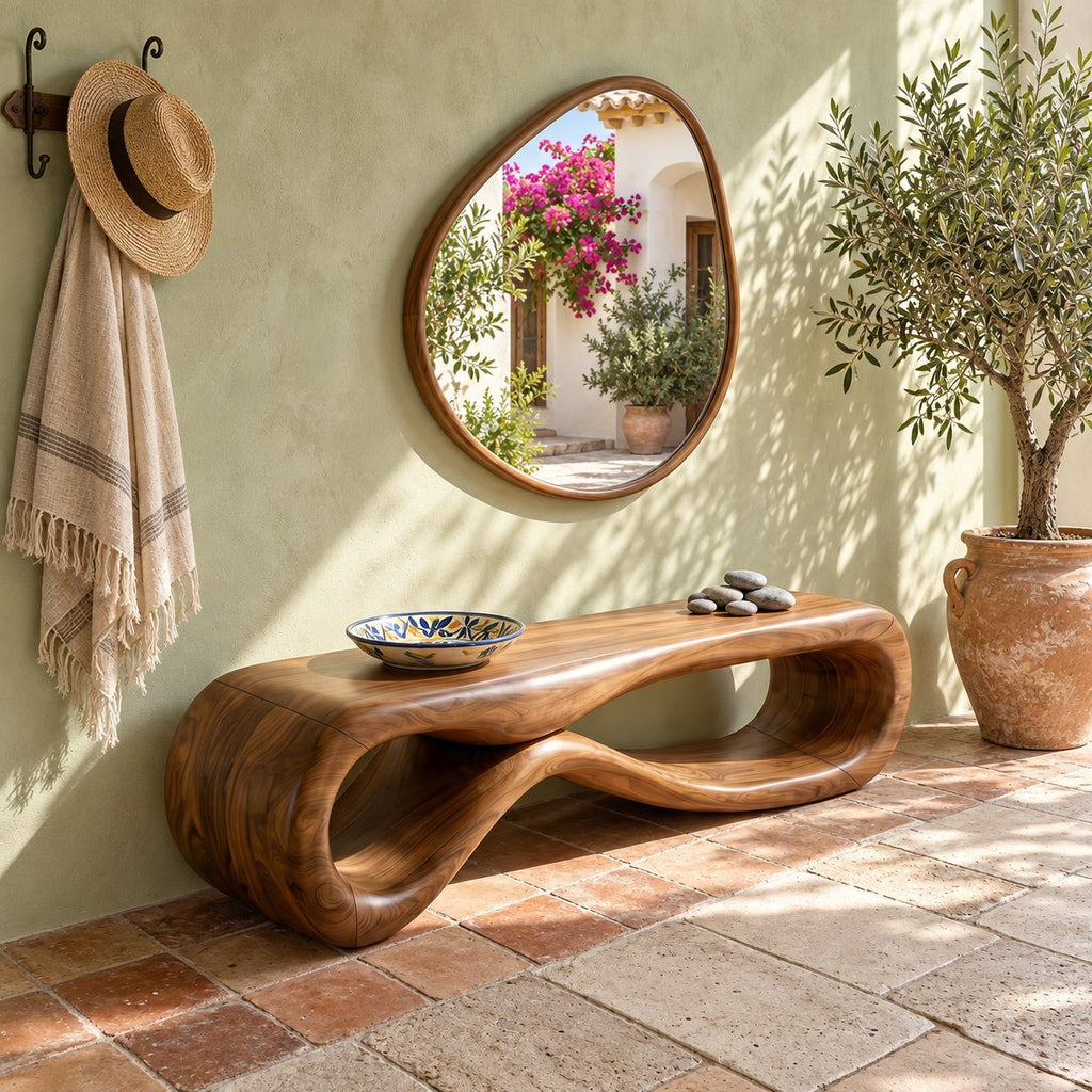 Figure Eight Loop Bench, Rounded Sculptural Solid Wood Entryway Bench with Open Twisted Base