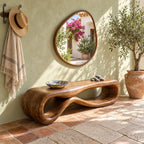 Figure Eight Loop Bench, Rounded Sculptural Solid Wood Entryway Bench with Open Twisted Base