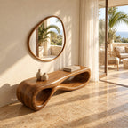 Figure Eight Loop Bench, Rounded Sculptural Solid Wood Entryway Bench with Open Twisted Base