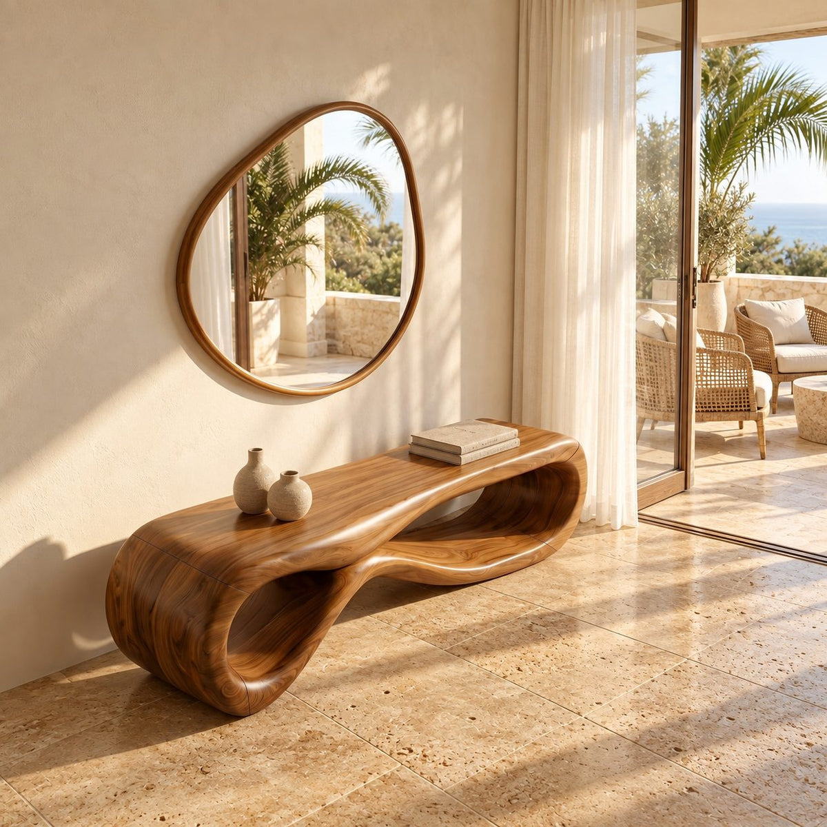 Figure Eight Loop Bench, Rounded Sculptural Solid Wood Entryway Bench with Open Twisted Base
