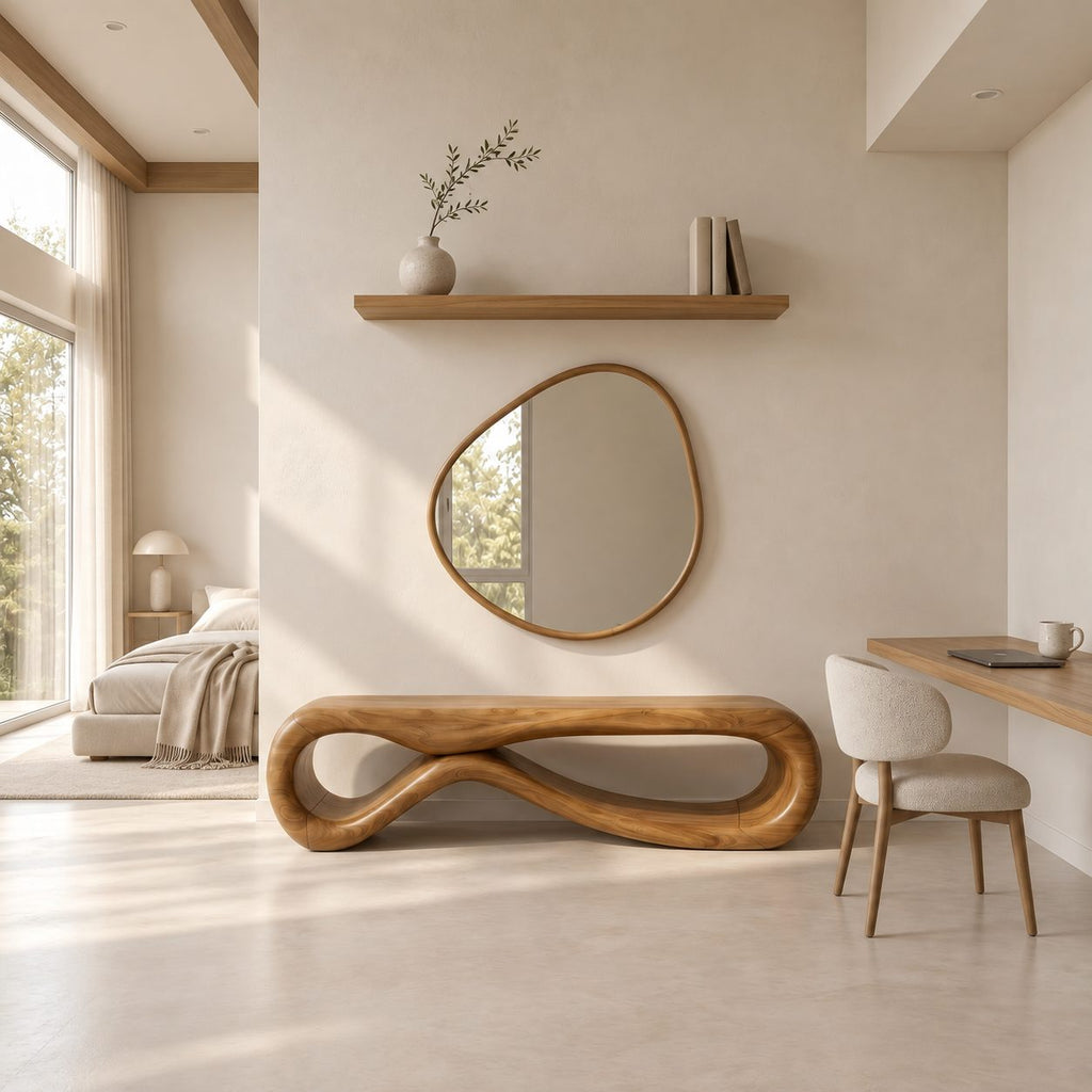 Figure Eight Loop Bench, Rounded Sculptural Solid Wood Entryway Bench with Open Twisted Base