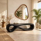 Figure Eight Loop Bench, Rounded Sculptural Solid Wood Entryway Bench with Open Twisted Base