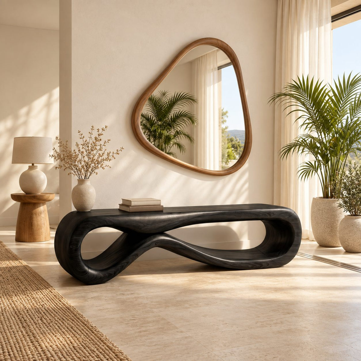 Figure Eight Loop Bench, Rounded Sculptural Solid Wood Entryway Bench with Open Twisted Base