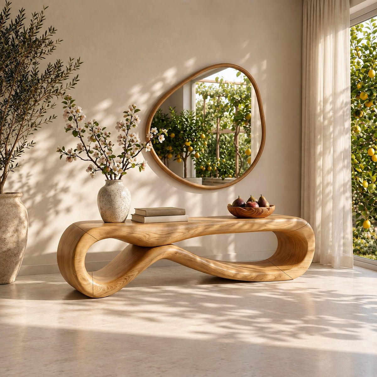 Figure Eight Loop Bench, Rounded Sculptural Solid Wood Entryway Bench with Open Twisted Base