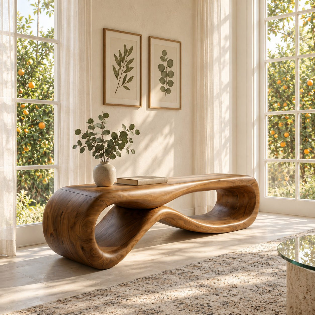 Figure Eight Loop Bench, Rounded Sculptural Solid Wood Entryway Bench with Open Twisted Base