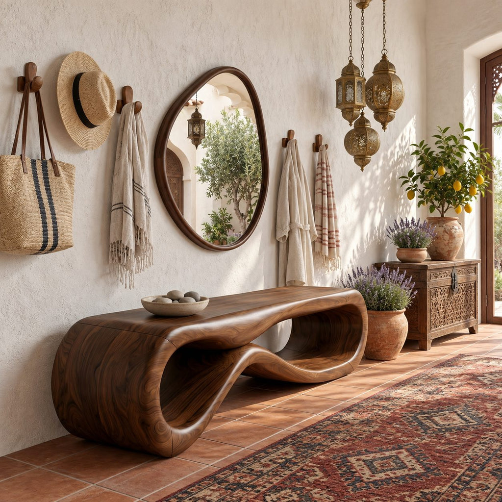 Figure Eight Loop Bench, Rounded Sculptural Solid Wood Entryway Bench with Open Twisted Base