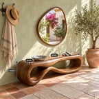 Figure Eight Loop Bench, Rounded Sculptural Solid Wood Entryway Bench with Open Twisted Base