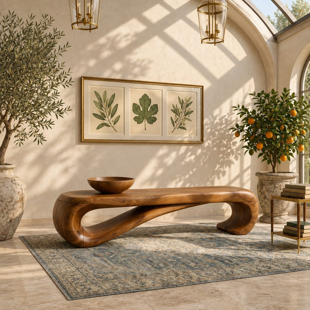 Scroll End Bench, Sculptural Solid Wood Bench with Rolled Curl Ends for Entryway, Bedroom or Hall
