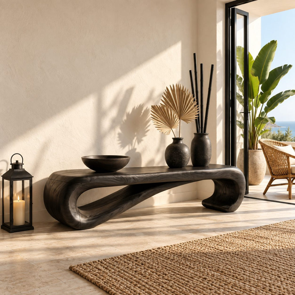 Scroll End Bench, Sculptural Solid Wood Bench with Rolled Curl Ends for Entryway, Bedroom or Hall