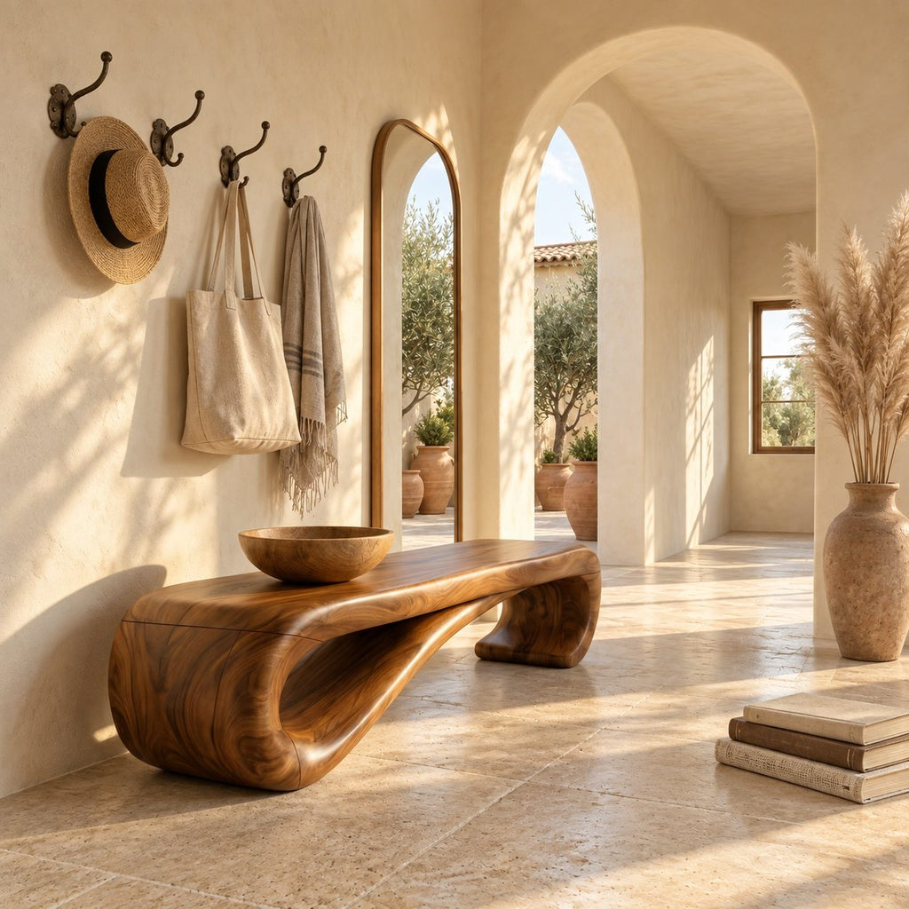 Scroll End Bench, Sculptural Solid Wood Bench with Rolled Curl Ends for Entryway, Bedroom or Hall