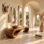 Scroll End Bench, Sculptural Solid Wood Bench with Rolled Curl Ends for Entryway, Bedroom or Hall
