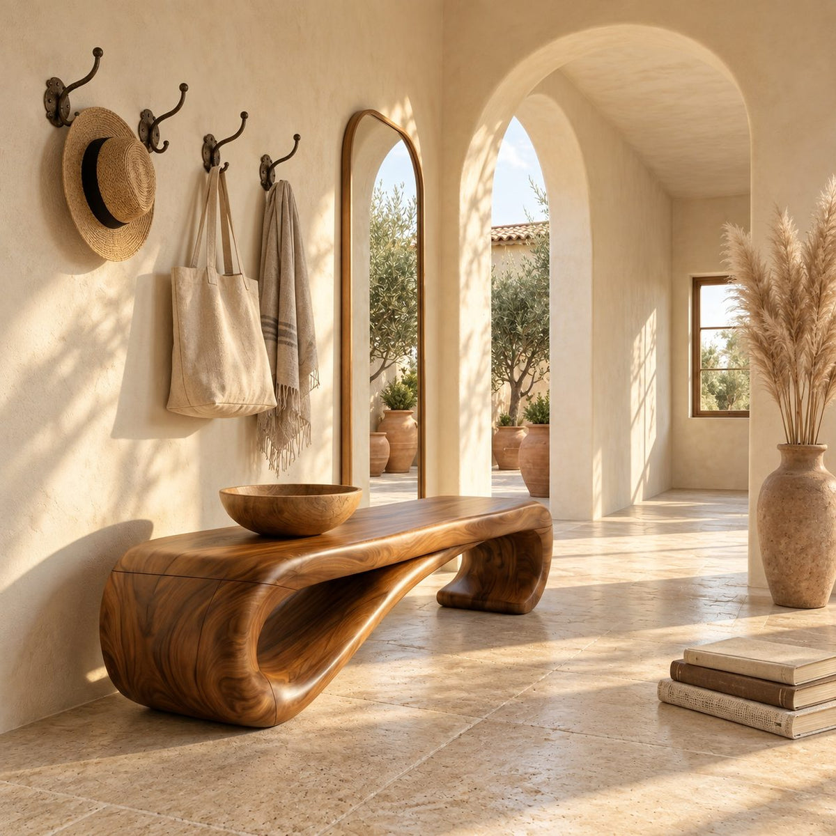 Scroll End Bench, Sculptural Solid Wood Bench with Rolled Curl Ends for Entryway, Bedroom or Hall