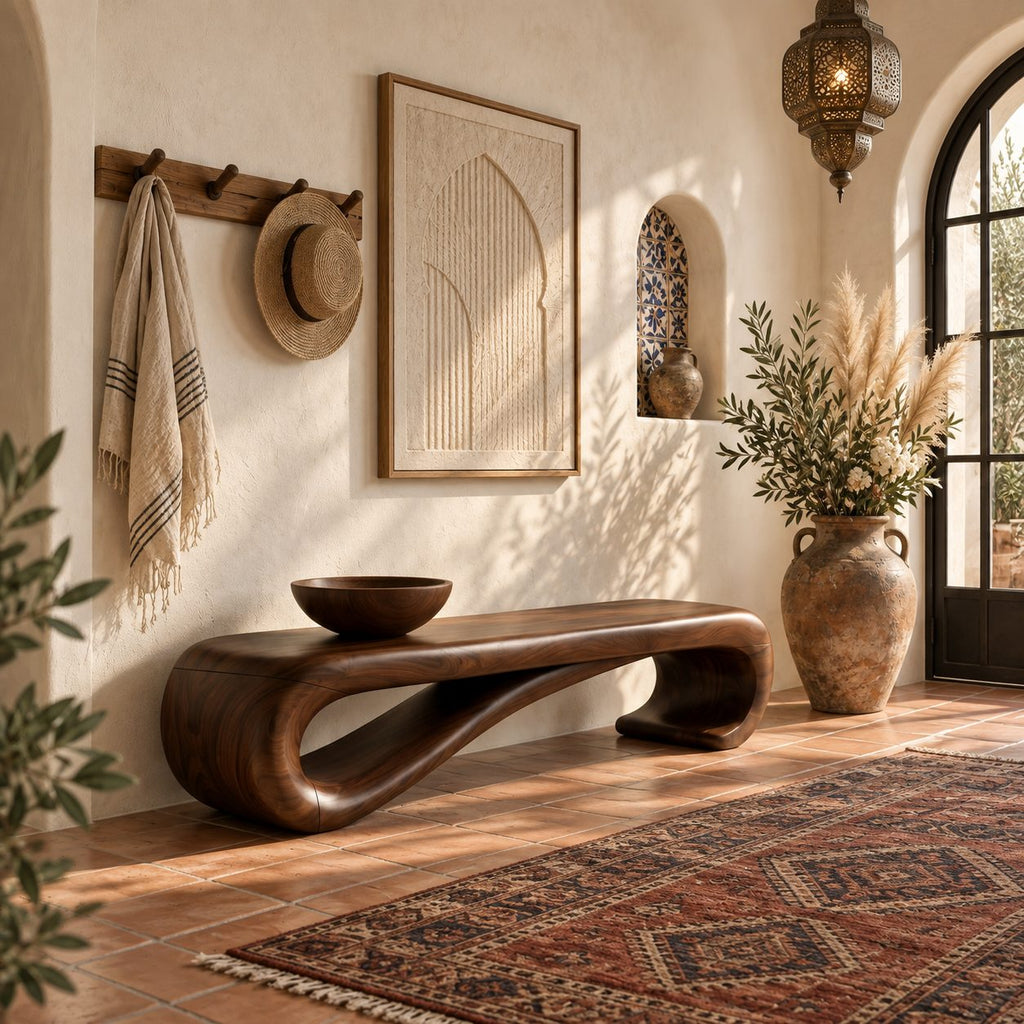Scroll End Bench, Sculptural Solid Wood Bench with Rolled Curl Ends for Entryway, Bedroom or Hall