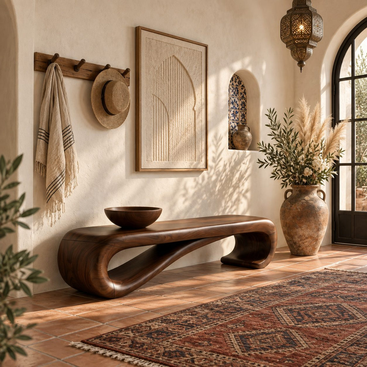 Scroll End Bench, Sculptural Solid Wood Bench with Rolled Curl Ends for Entryway, Bedroom or Hall