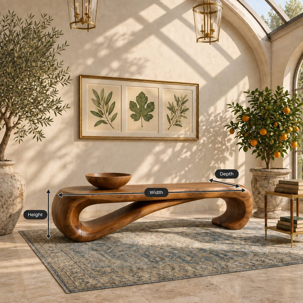 Scroll End Bench, Sculptural Solid Wood Bench with Rolled Curl Ends for Entryway, Bedroom or Hall