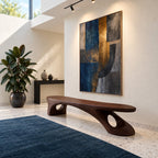 Pierced Leg Sculptural Bench, Long Solid Wood Slab Bench with Oval Openings in Organic Legs