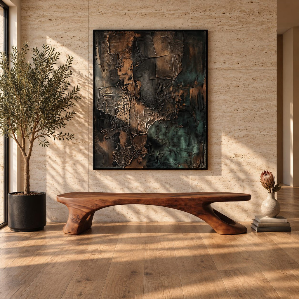 Pierced Leg Sculptural Bench, Long Solid Wood Slab Bench with Oval Openings in Organic Legs
