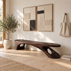 Pierced Leg Sculptural Bench, Long Solid Wood Slab Bench with Oval Openings in Organic Legs